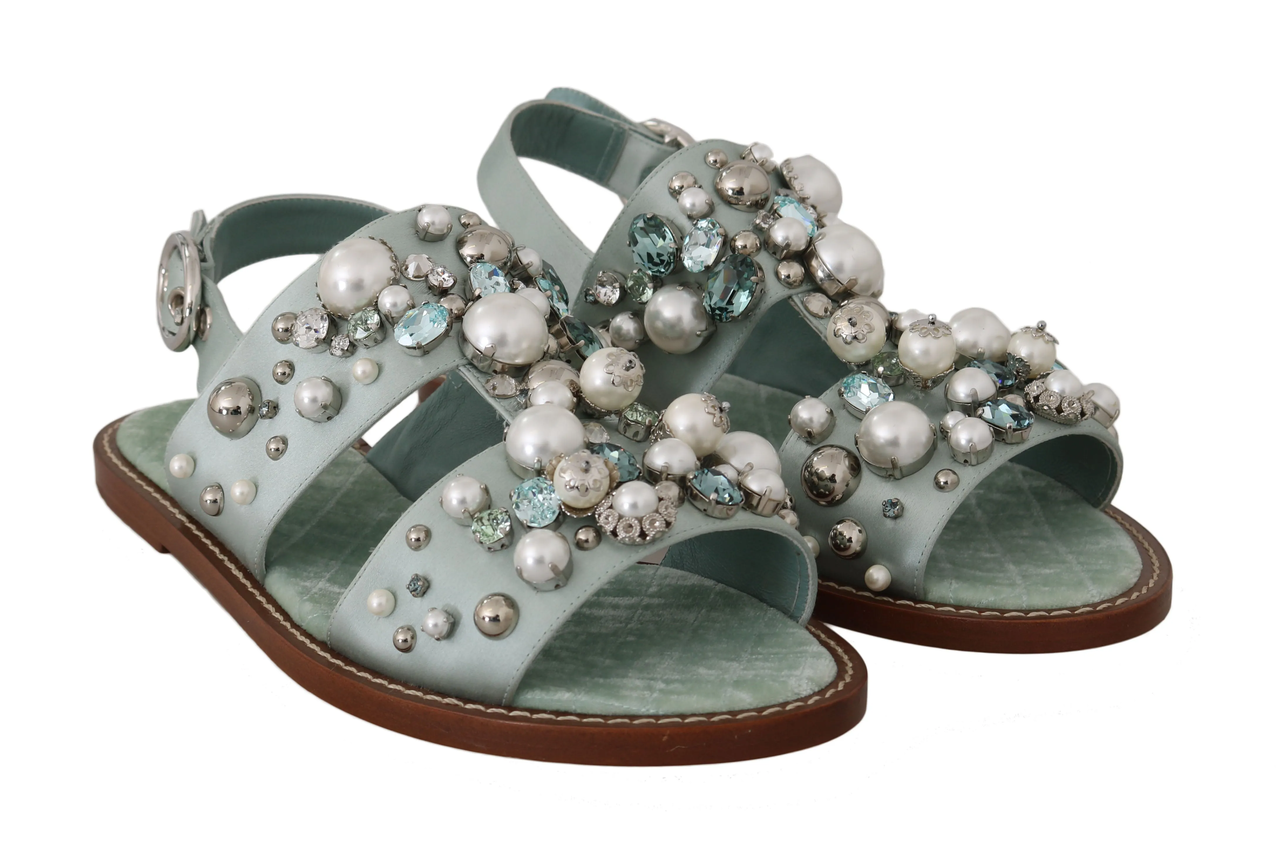 Green Nappa Silk Pearl Crystal Flat Sandals