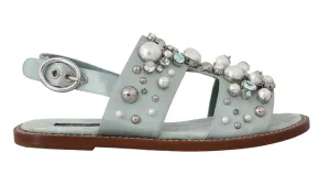 Green Nappa Silk Pearl Crystal Flat Sandals
