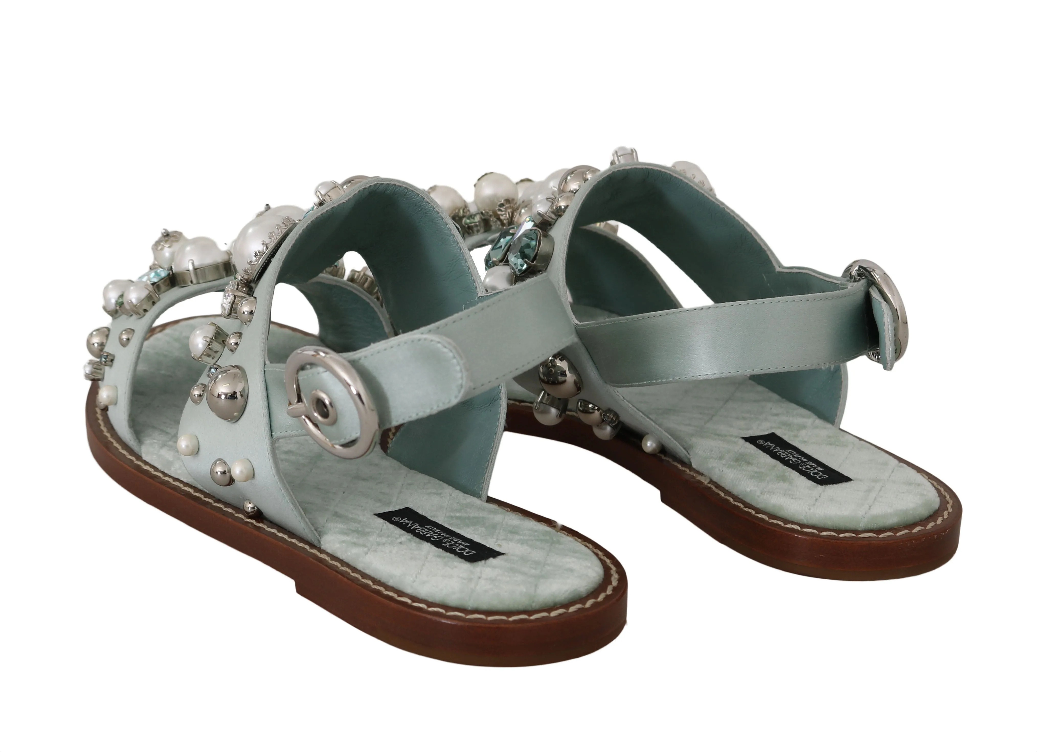 Green Nappa Silk Pearl Crystal Flat Sandals