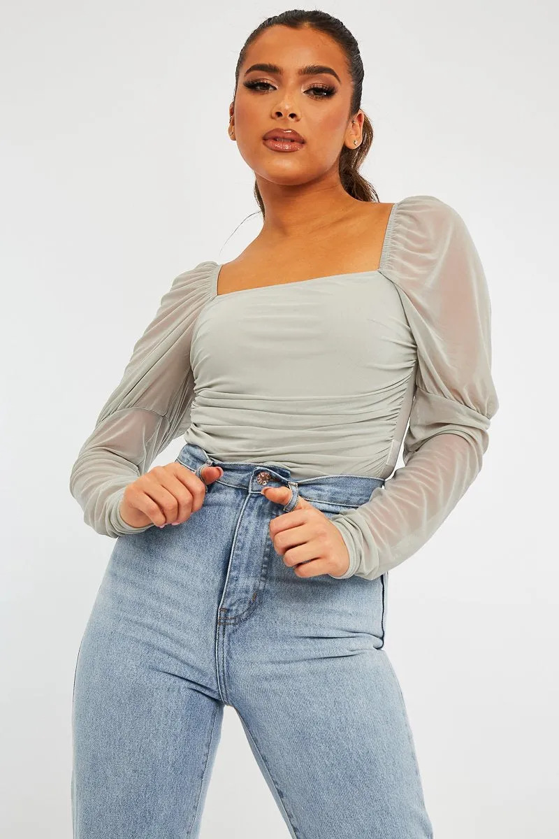 Grey Ruched Body Mesh Sleeve Bodysuit - Raeya