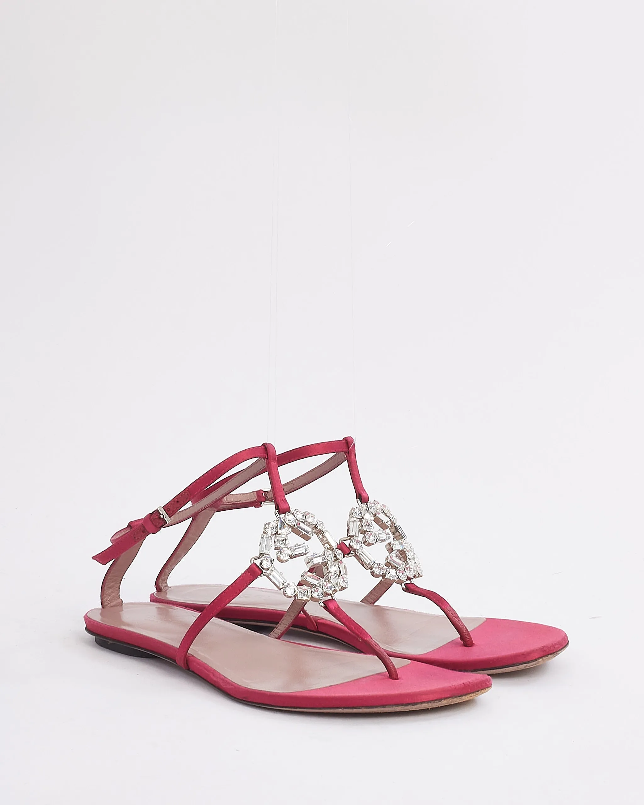 Gucci Fuchsia Satin GG Crystal Sandals - 37.5