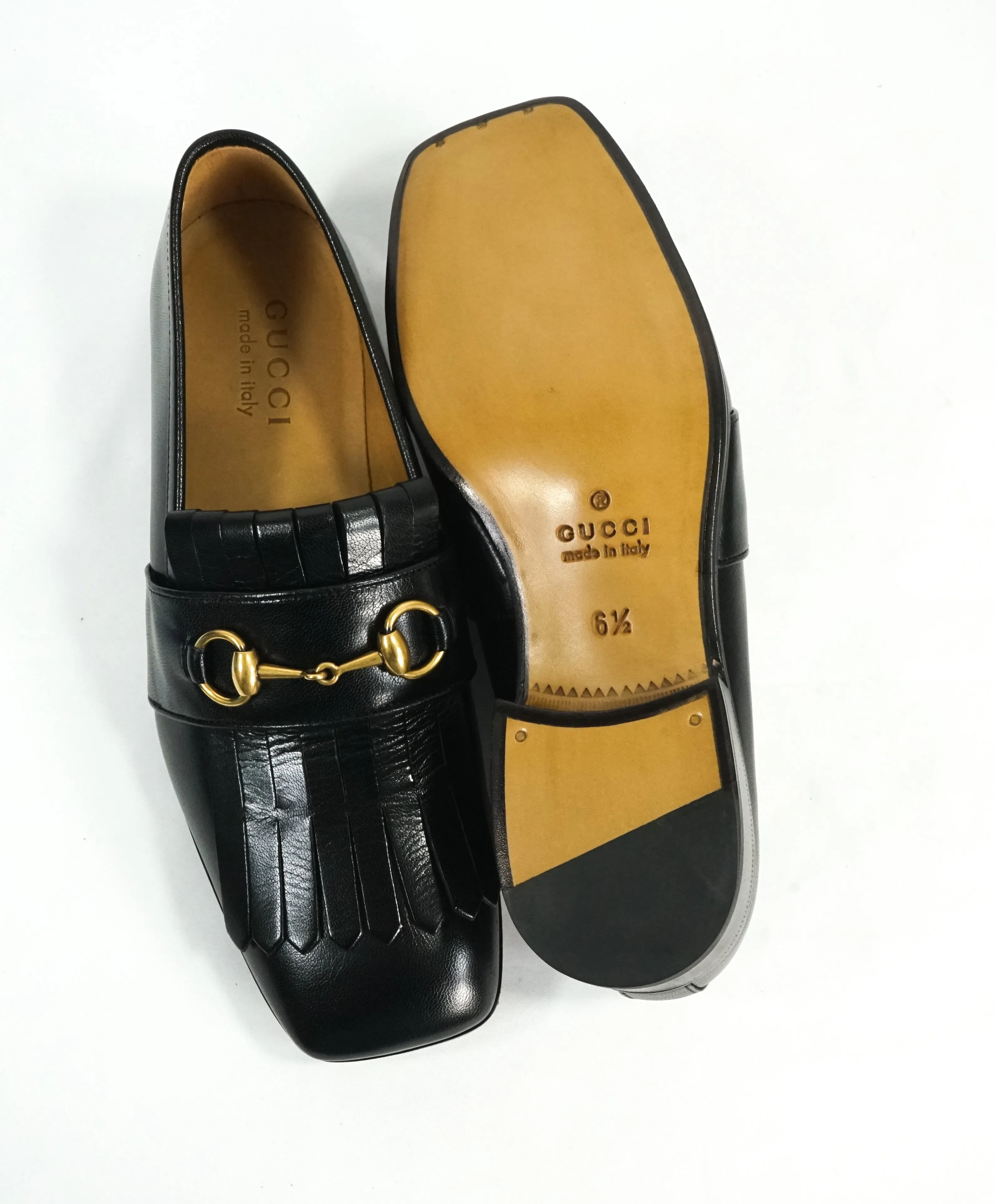 GUCCI -"Malaga" Kid Polly Kiltie Black & Gold Horsebit Fringe Loafers - 7 US (6.5 G)