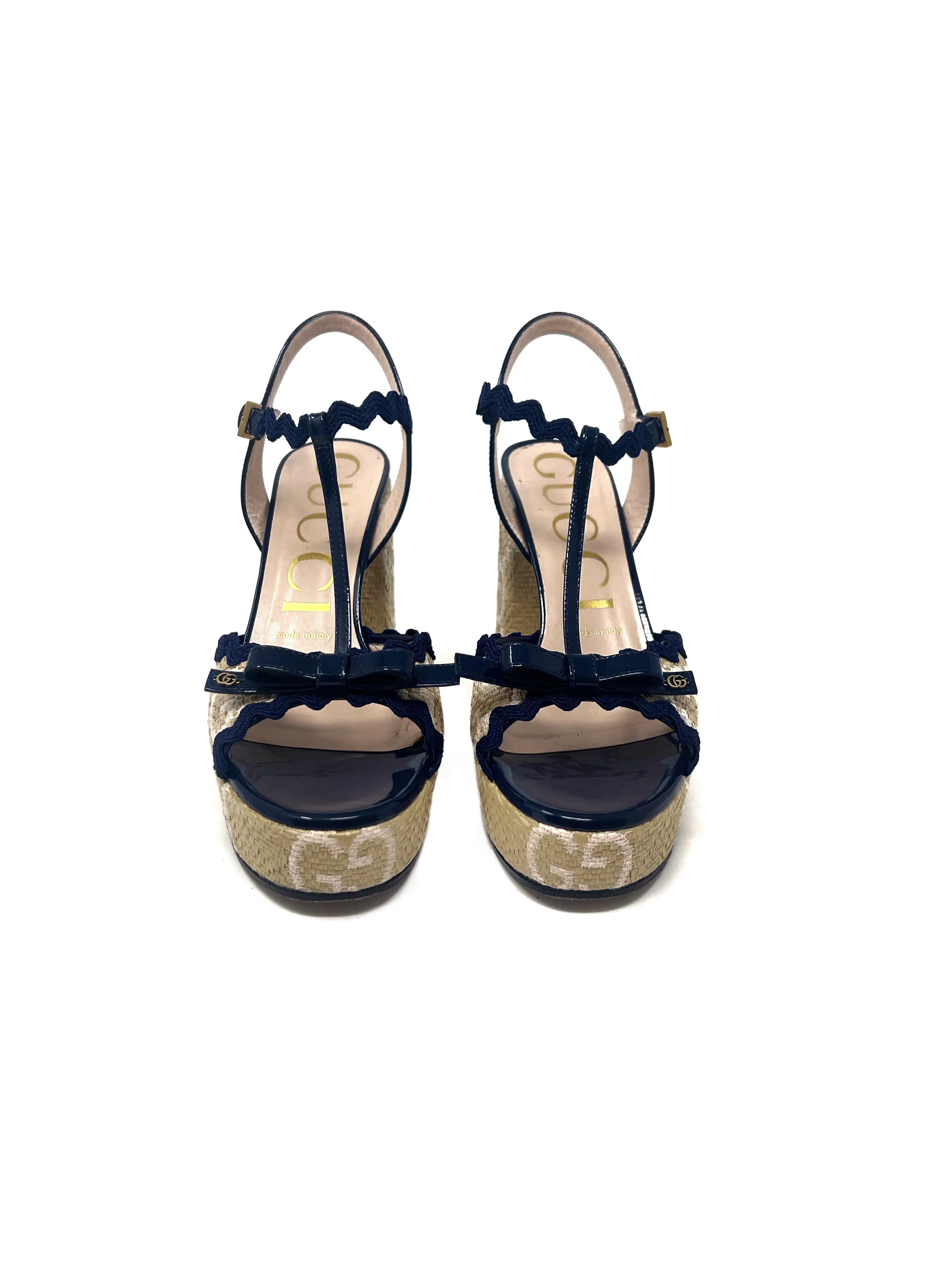 Gucci W Shoe Size 37 'Kertu' Patent-Trimmed Raffia-Jacquard GG Platform Heel