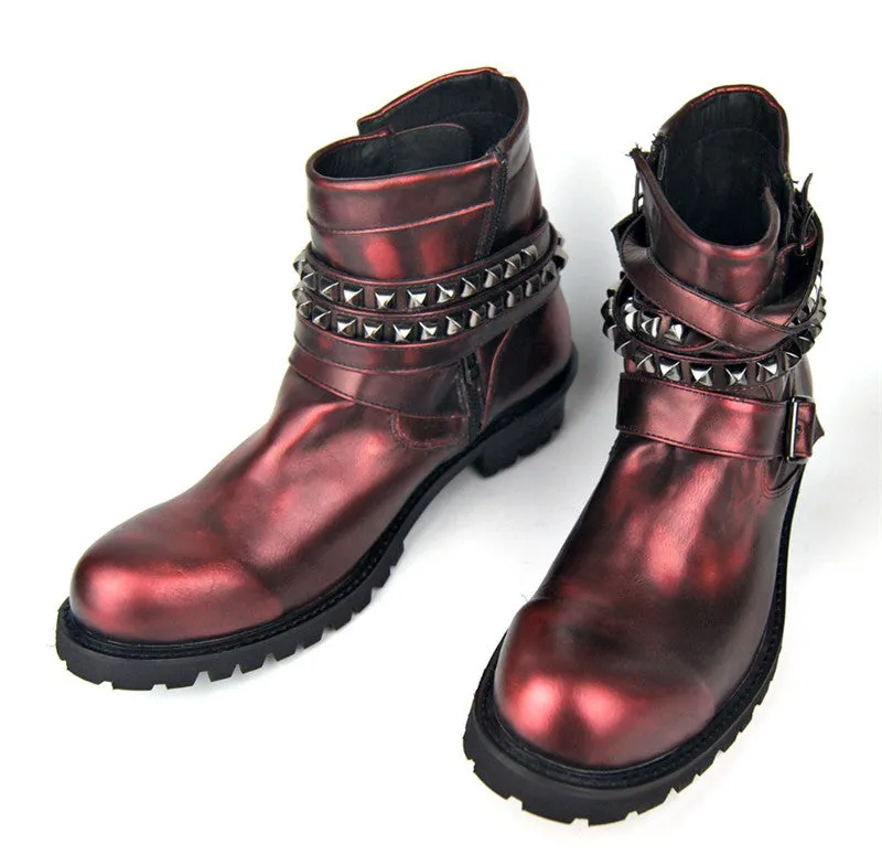 High End Luxury customized  genuine leather rivets cowboy Boots vintage Punk Bronze leather rock Boots