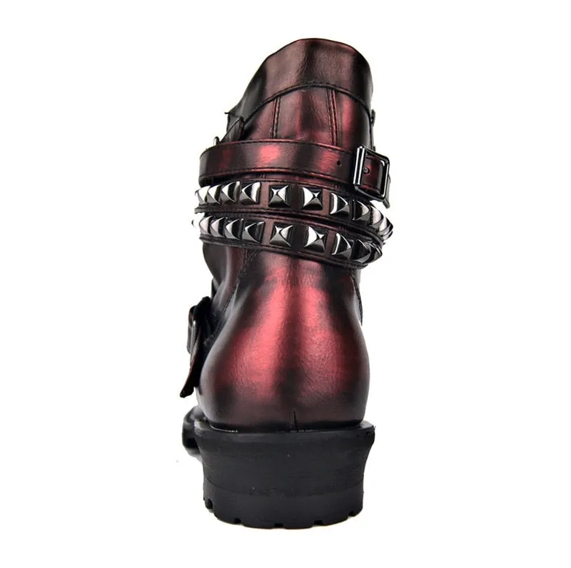High End Luxury customized  genuine leather rivets cowboy Boots vintage Punk Bronze leather rock Boots