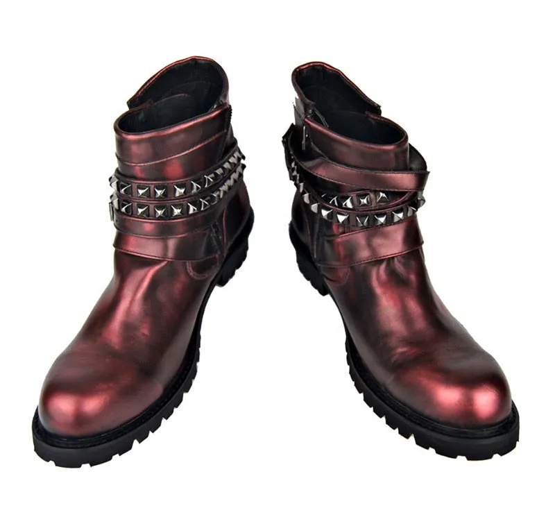 High End Luxury customized  genuine leather rivets cowboy Boots vintage Punk Bronze leather rock Boots