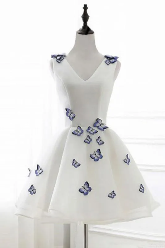 Homecoming Dress Chic Butterfly Ivory Organza Short Prom Dress Party Dress OHM156