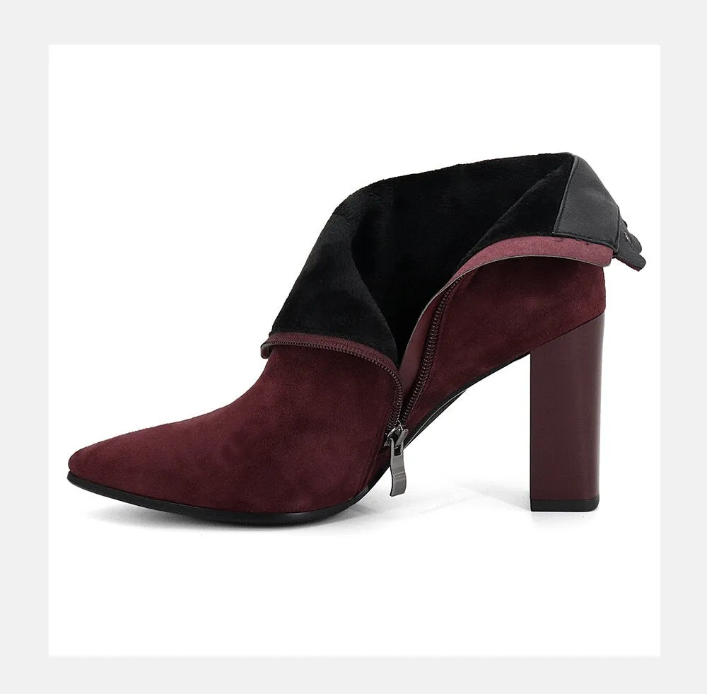 Hot Rivets Decorated Fashion Classic Kid Suede Ankle Boots Sexy Pointed Toe High Heel Women Shoes Zip Winter Boots