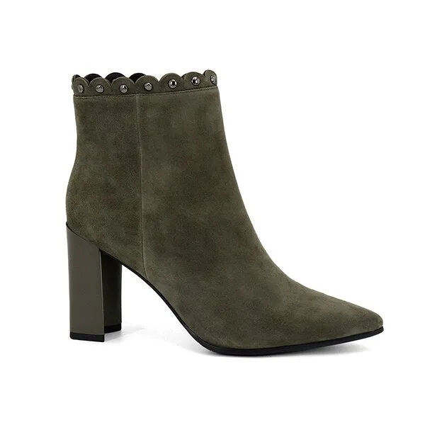 Hot Rivets Decorated Fashion Classic Kid Suede Ankle Boots Sexy Pointed Toe High Heel Women Shoes Zip Winter Boots