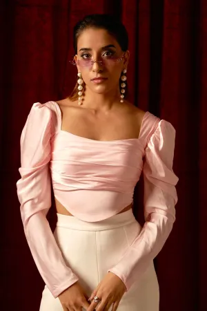 Idea of her pink satin puff shoulder crop top
