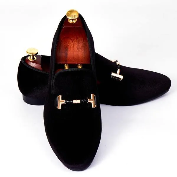 Italian Style Men Velvet Loafers Shoes with Strap Buckle Detail