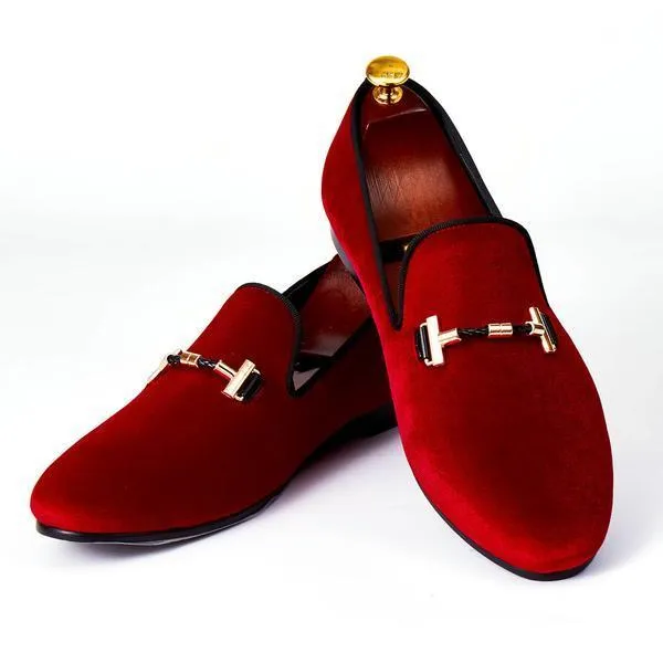 Italian Style Men Velvet Loafers Shoes with Strap Buckle Detail