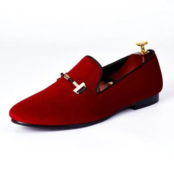 Italian Style Men Velvet Loafers Shoes with Strap Buckle Detail