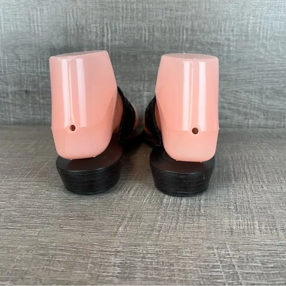 Jack Rogers sz 6 black leather whipstitch wedge flip flop sandals