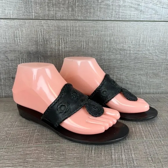 Jack Rogers sz 6 black leather whipstitch wedge flip flop sandals