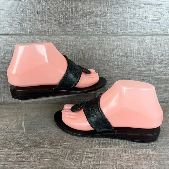 Jack Rogers sz 6 black leather whipstitch wedge flip flop sandals
