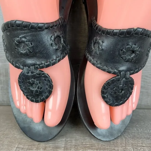 Jack Rogers sz 6 black leather whipstitch wedge flip flop sandals