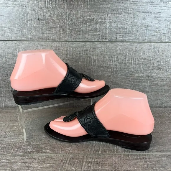 Jack Rogers sz 6 black leather whipstitch wedge flip flop sandals