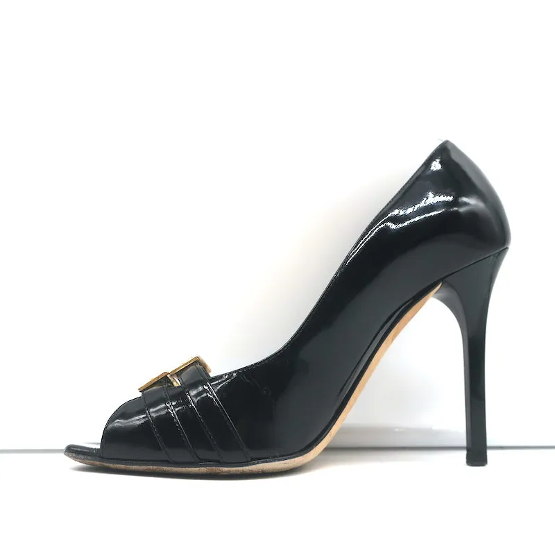Jimmy Choo Double Buckle Peep Toe Pumps Black Patent Leather Size 36.5