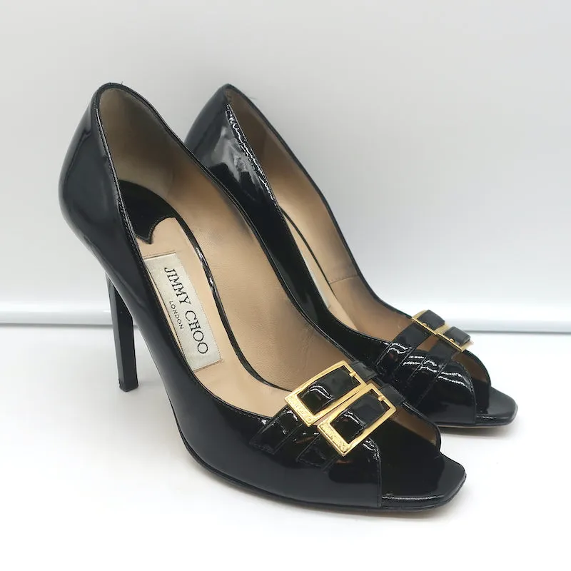 Jimmy Choo Double Buckle Peep Toe Pumps Black Patent Leather Size 36.5
