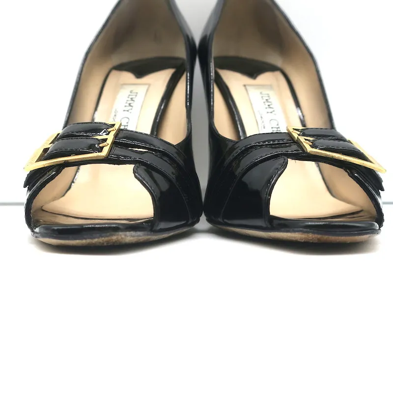 Jimmy Choo Double Buckle Peep Toe Pumps Black Patent Leather Size 36.5