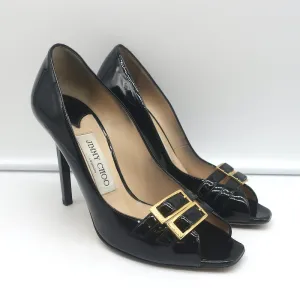 Jimmy Choo Double Buckle Peep Toe Pumps Black Patent Leather Size 36.5