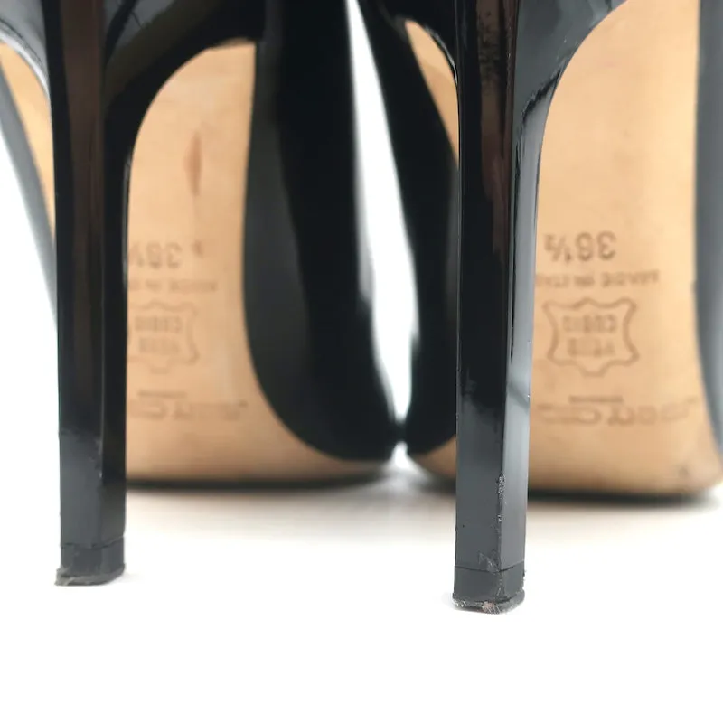 Jimmy Choo Double Buckle Peep Toe Pumps Black Patent Leather Size 36.5