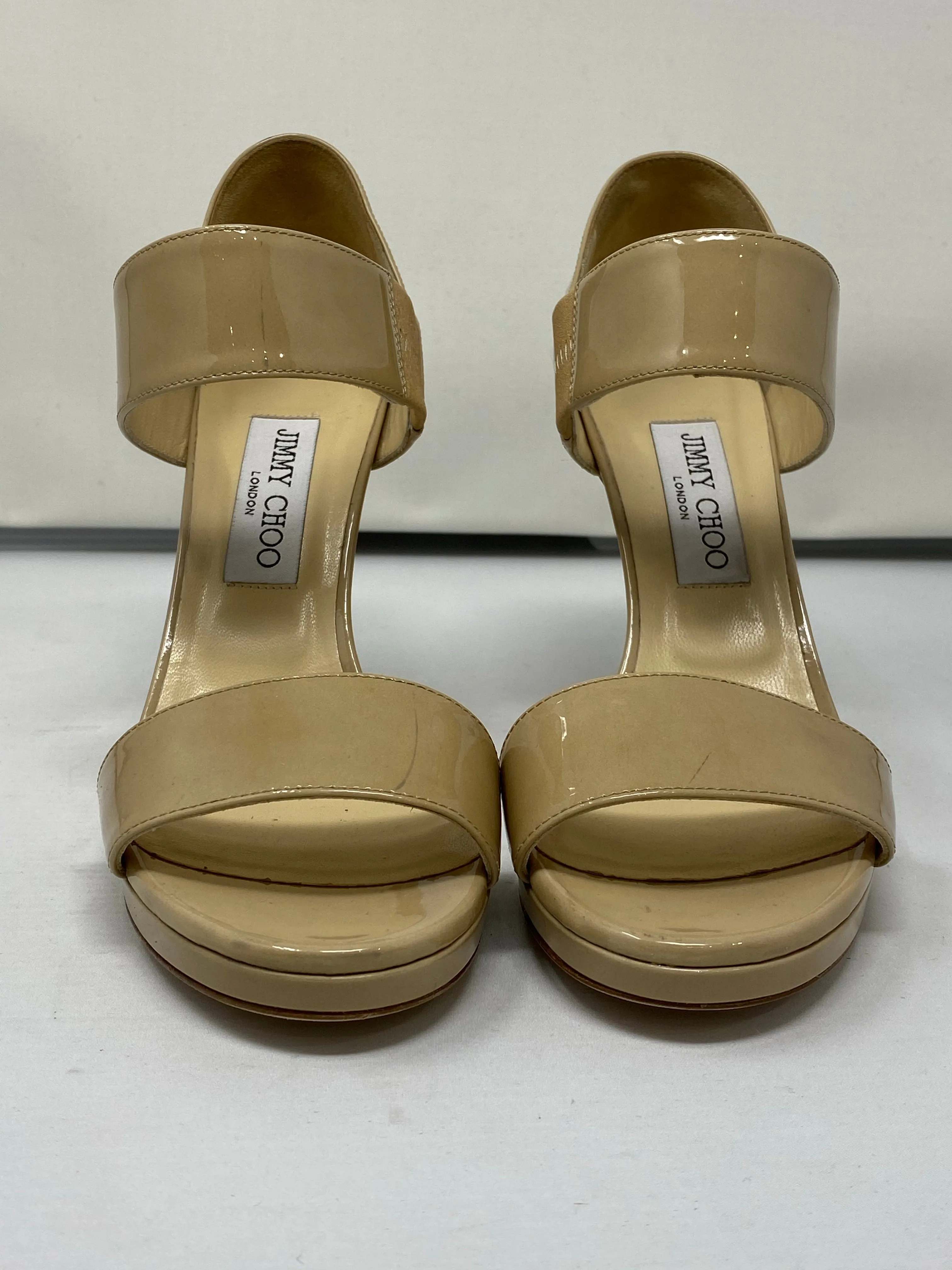 Jimmy Choo Patent Leather Beige Sandal Heel
