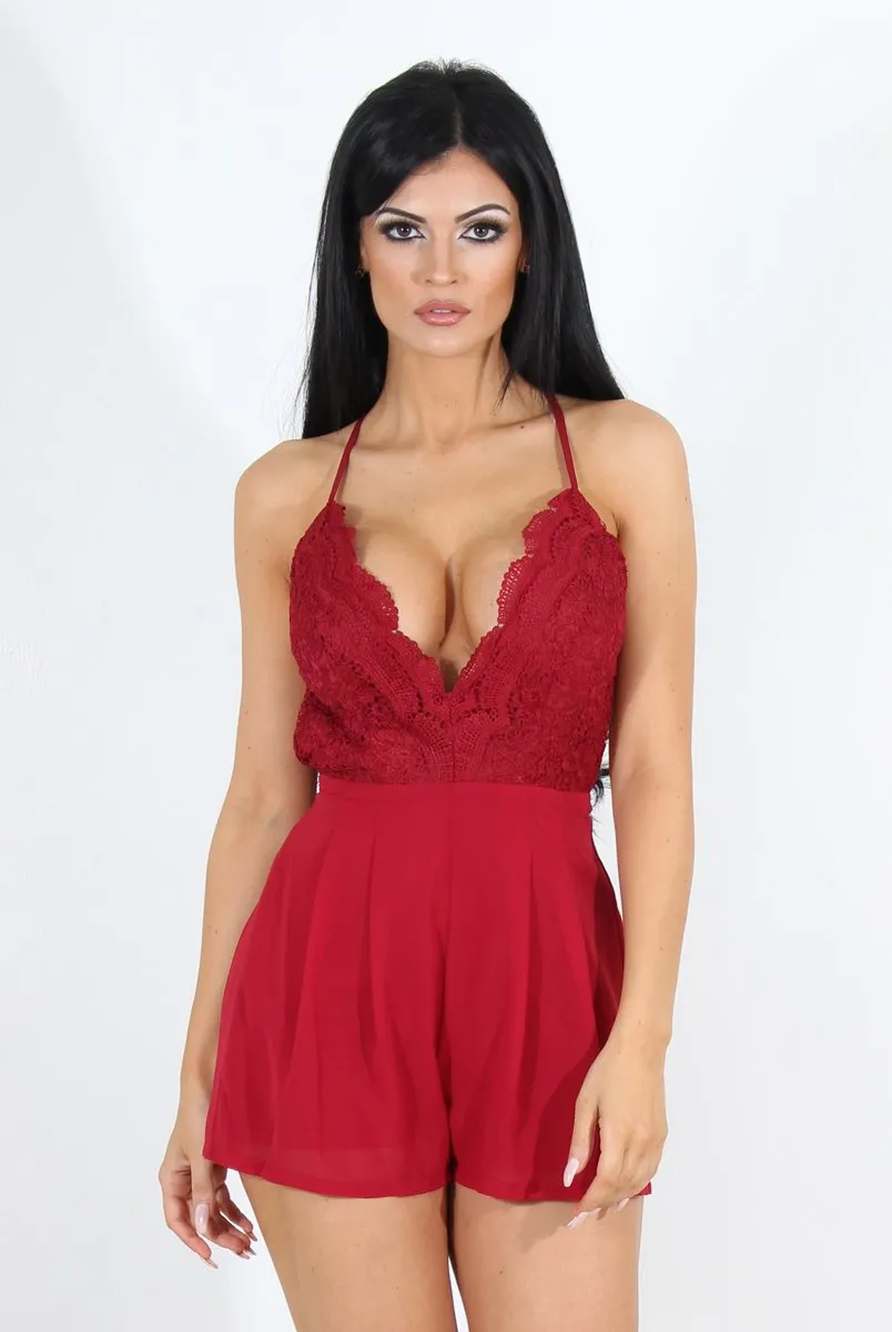 Kendra Wine Lace V Front Playsuit