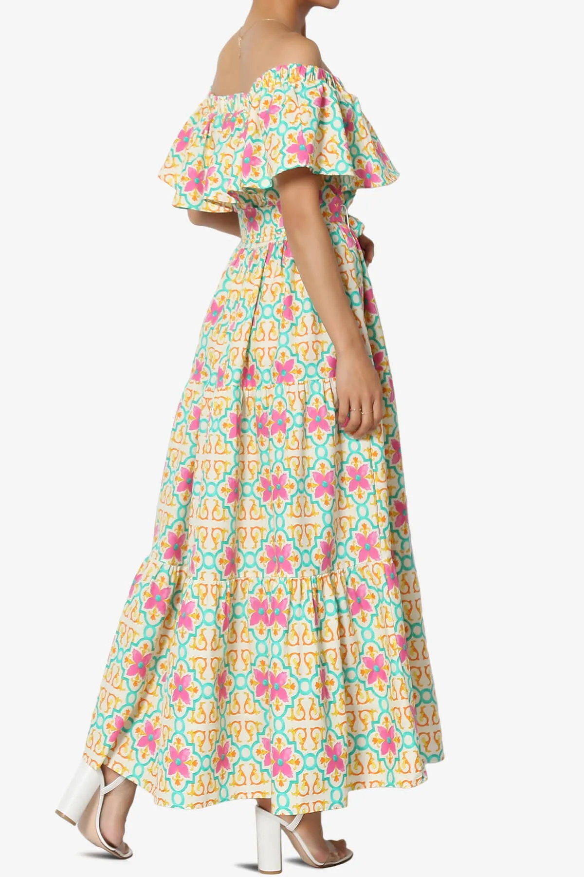Kenny Ruffle Off Shoulder Floral Woven Long Dress in Beige