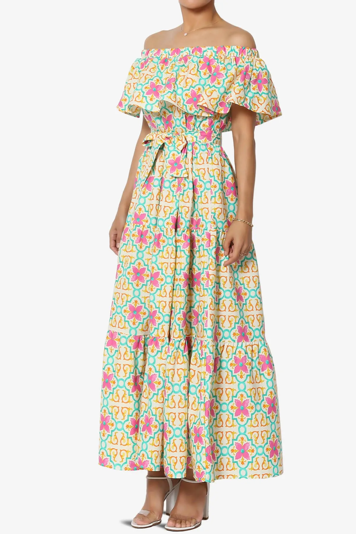 Kenny Ruffle Off Shoulder Floral Woven Long Dress in Beige