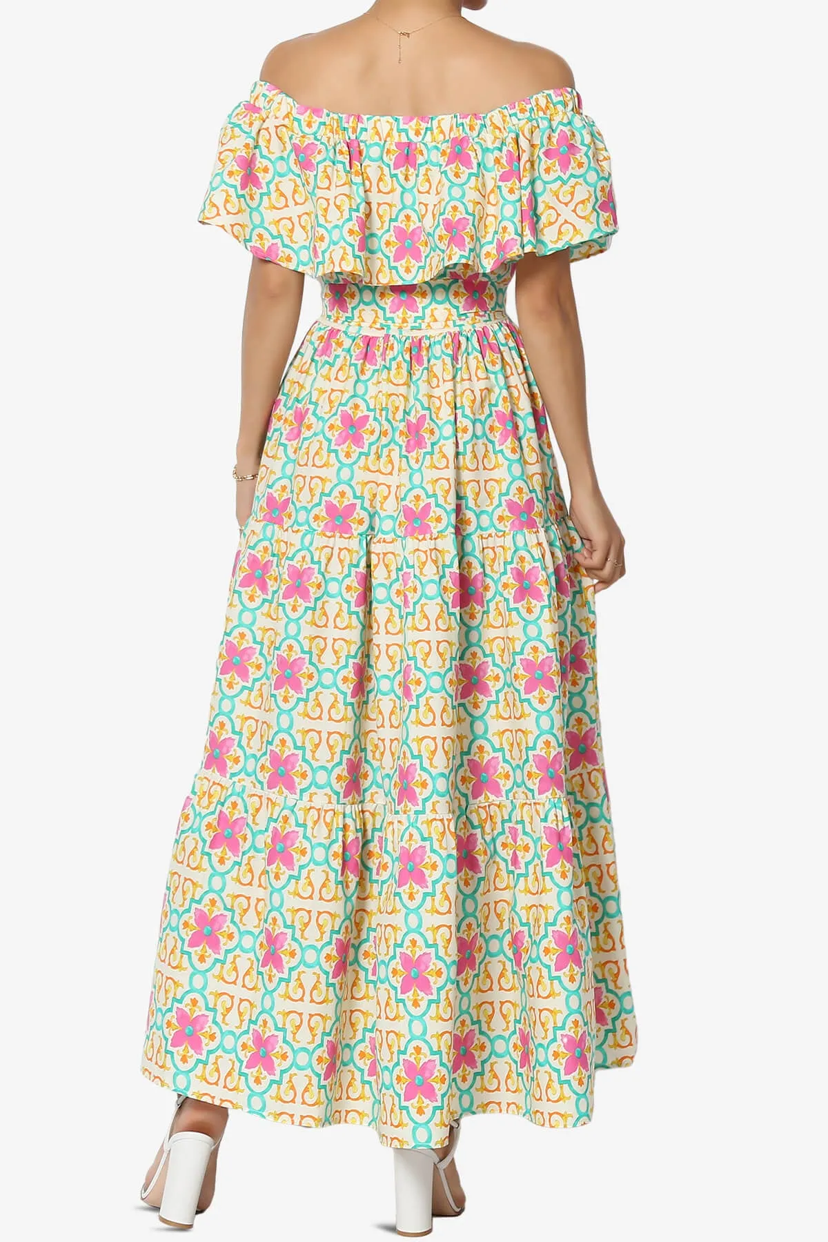 Kenny Ruffle Off Shoulder Floral Woven Long Dress in Beige