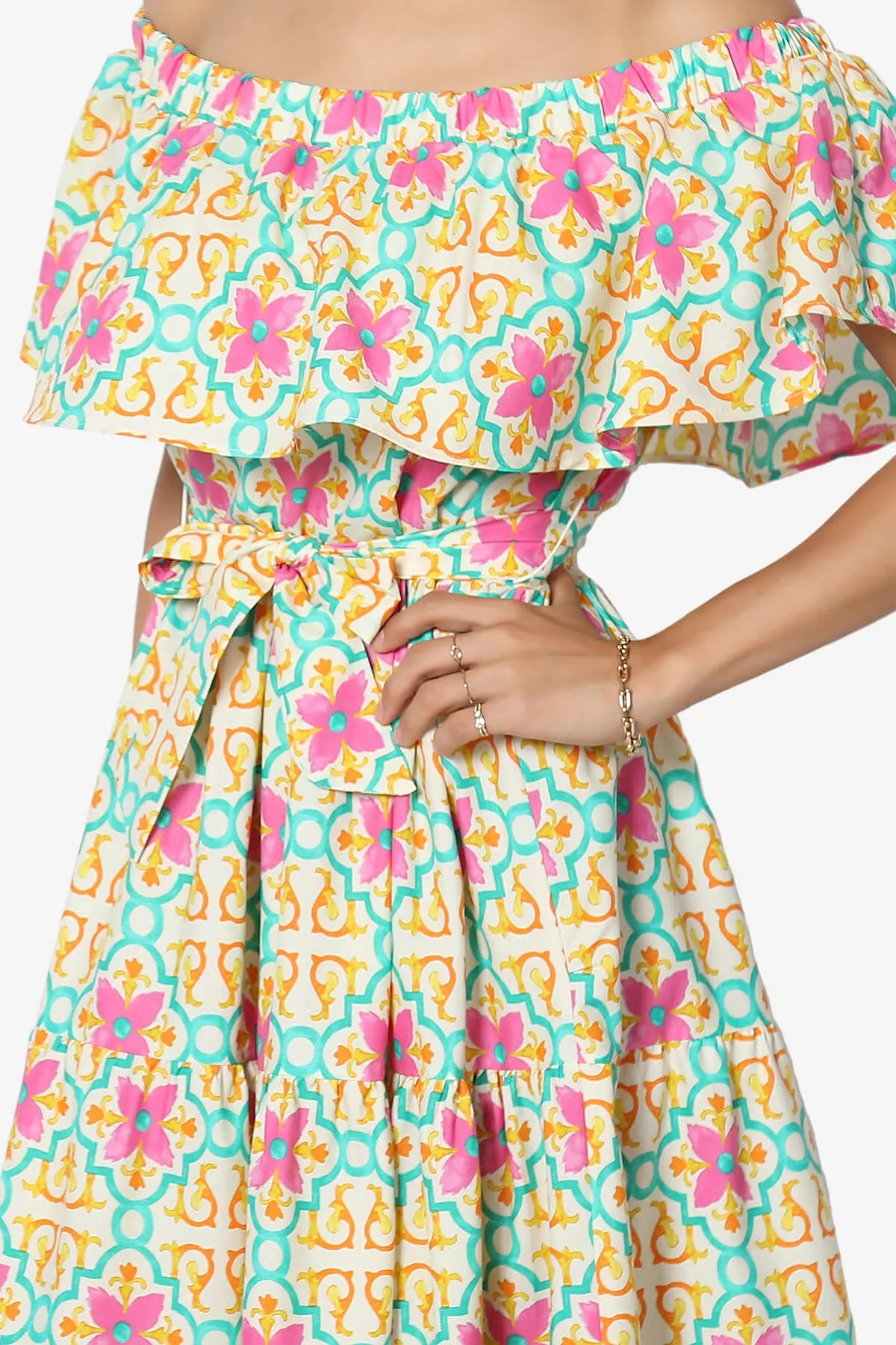 Kenny Ruffle Off Shoulder Floral Woven Long Dress in Beige