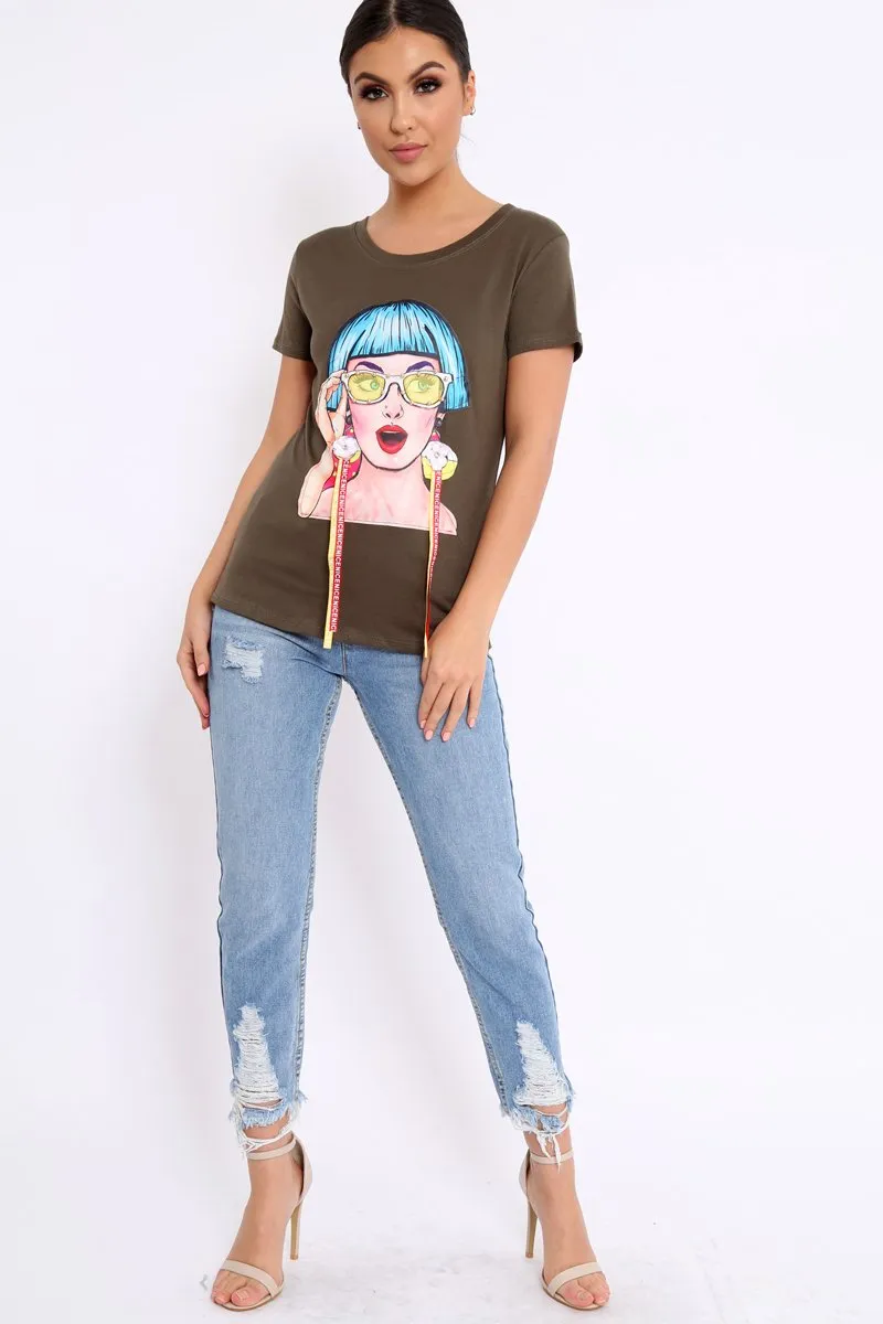 Khaki Crew Neck Girls Face T-shirt with Tassels - Leacy