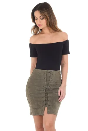 Khaki Suede Corset Detail Mini Skirt