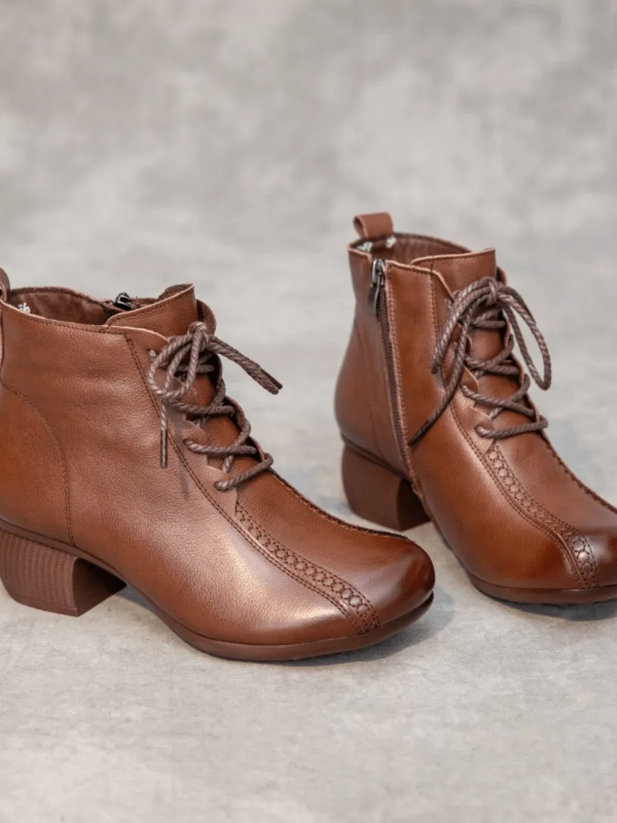 Lace-Up Leather Ankle Boots - Brown