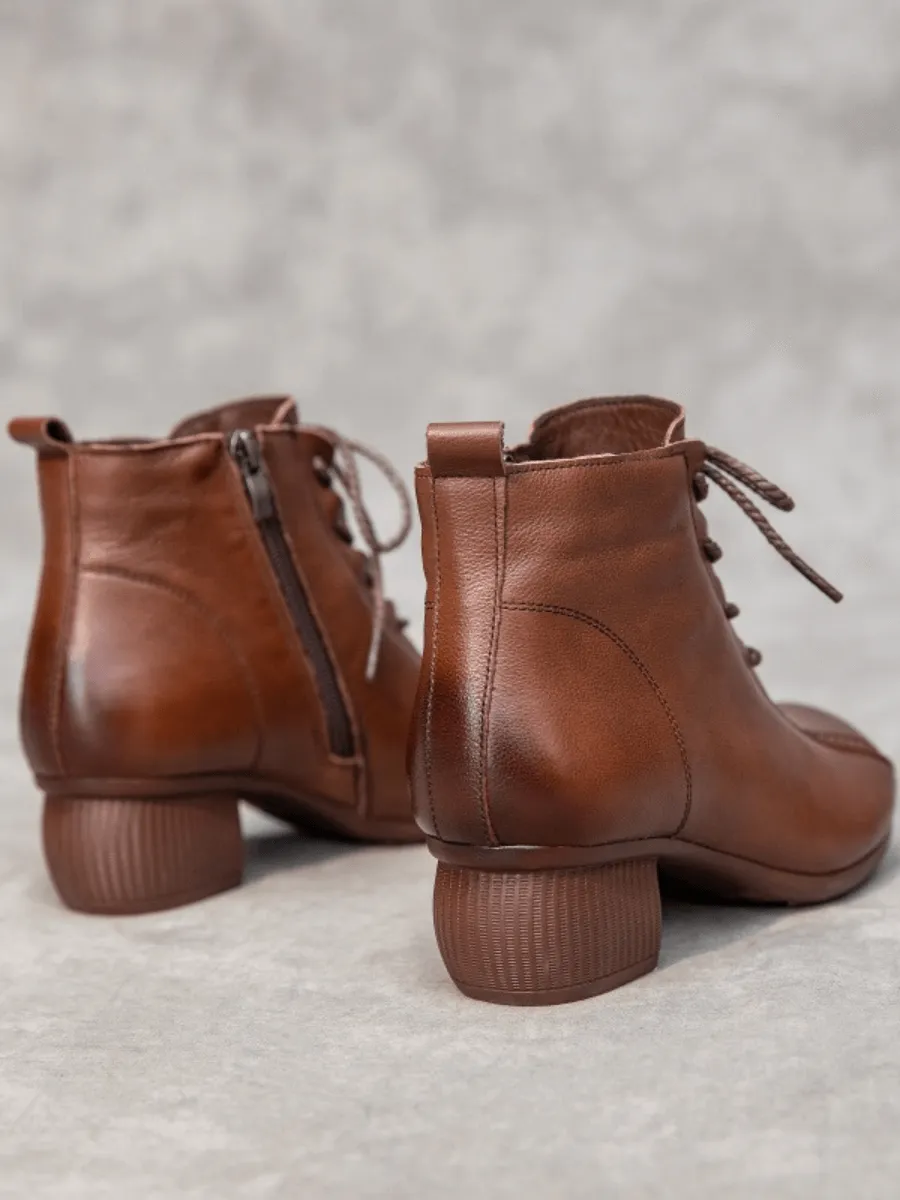 Lace-Up Leather Ankle Boots - Brown