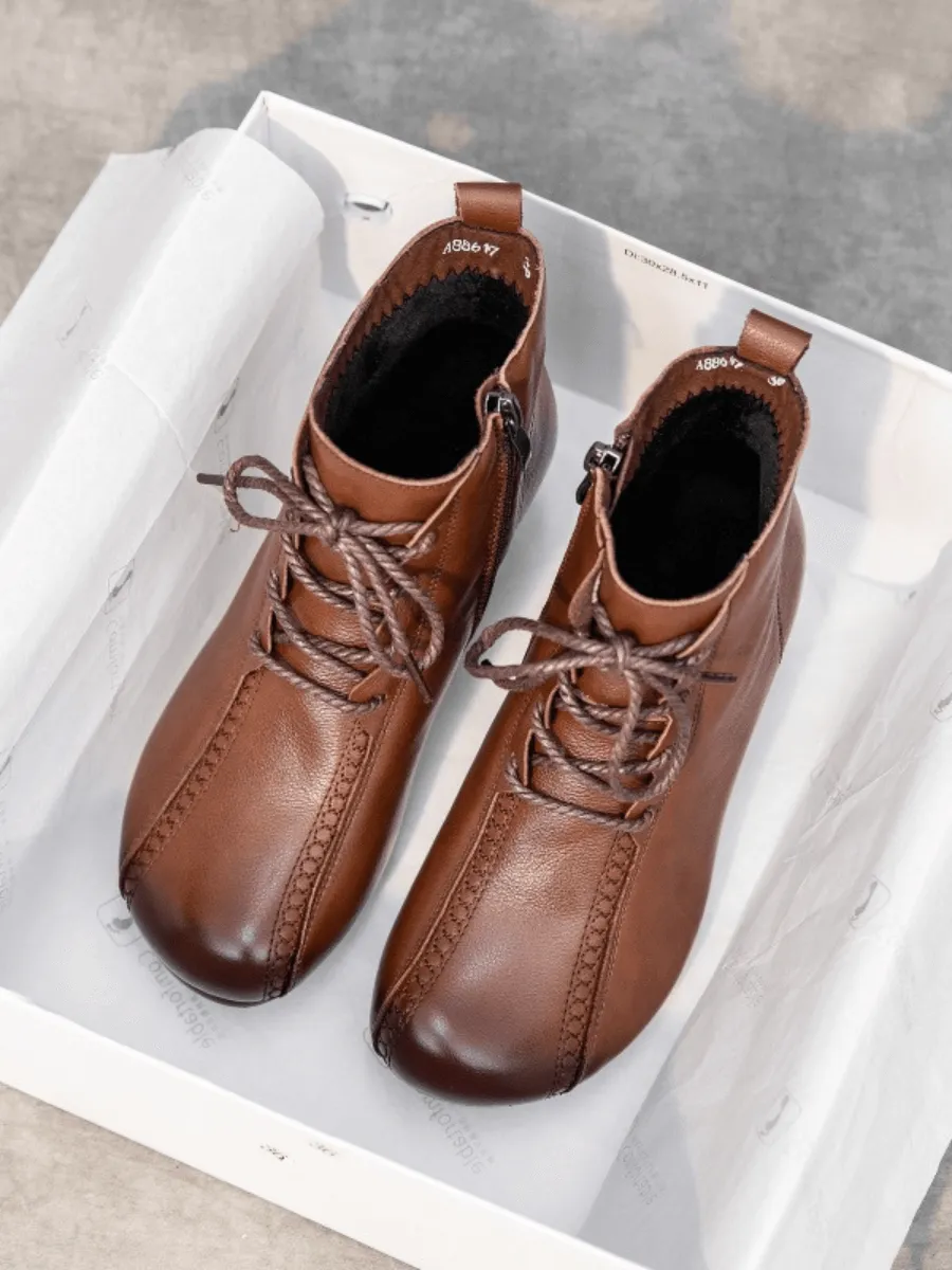 Lace-Up Leather Ankle Boots - Brown