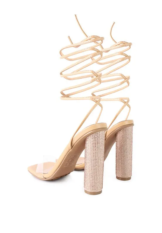 Lace Up Leg Diamante 4.7" High Heel Sandals