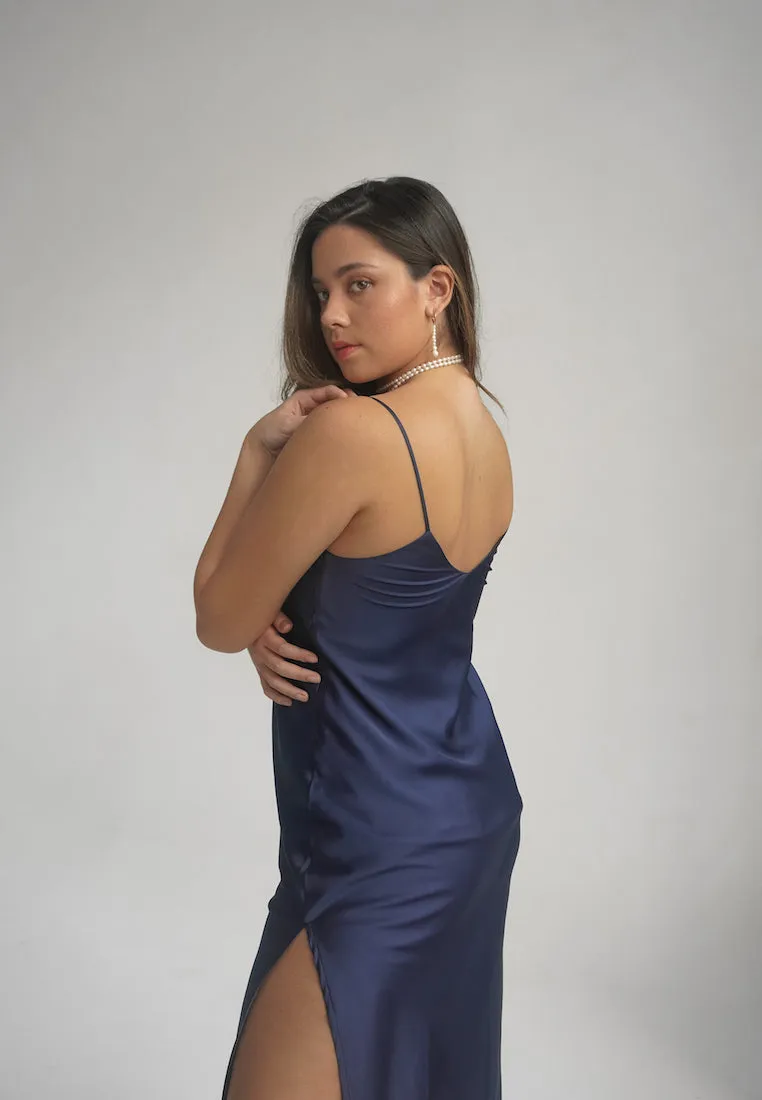 LEA SATIN SILK MIDI SLIP DRESS NAVY BLUE