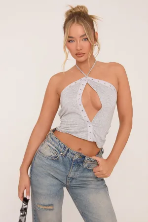 Light Grey Eyelet Halter Top - Glenda