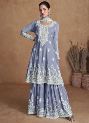Lilac Purple Thread Work Embroidery Wedding Gharara Style Suit