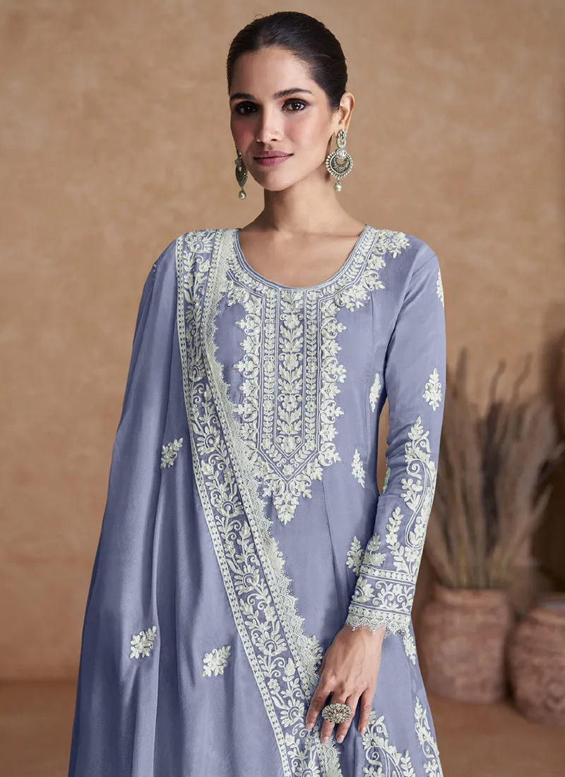 Lilac Purple Thread Work Embroidery Wedding Gharara Style Suit