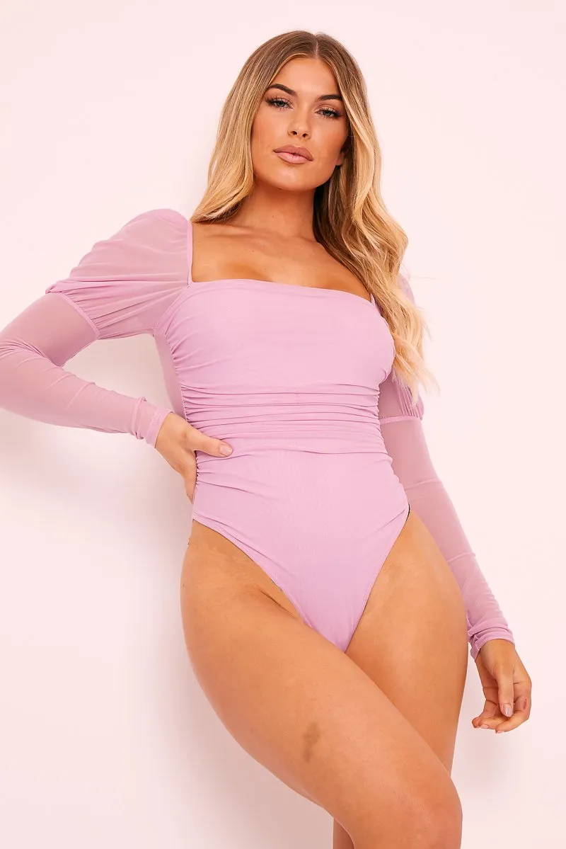 Lilac Ruched Body Mesh Sleeve Bodysuit - Raeya