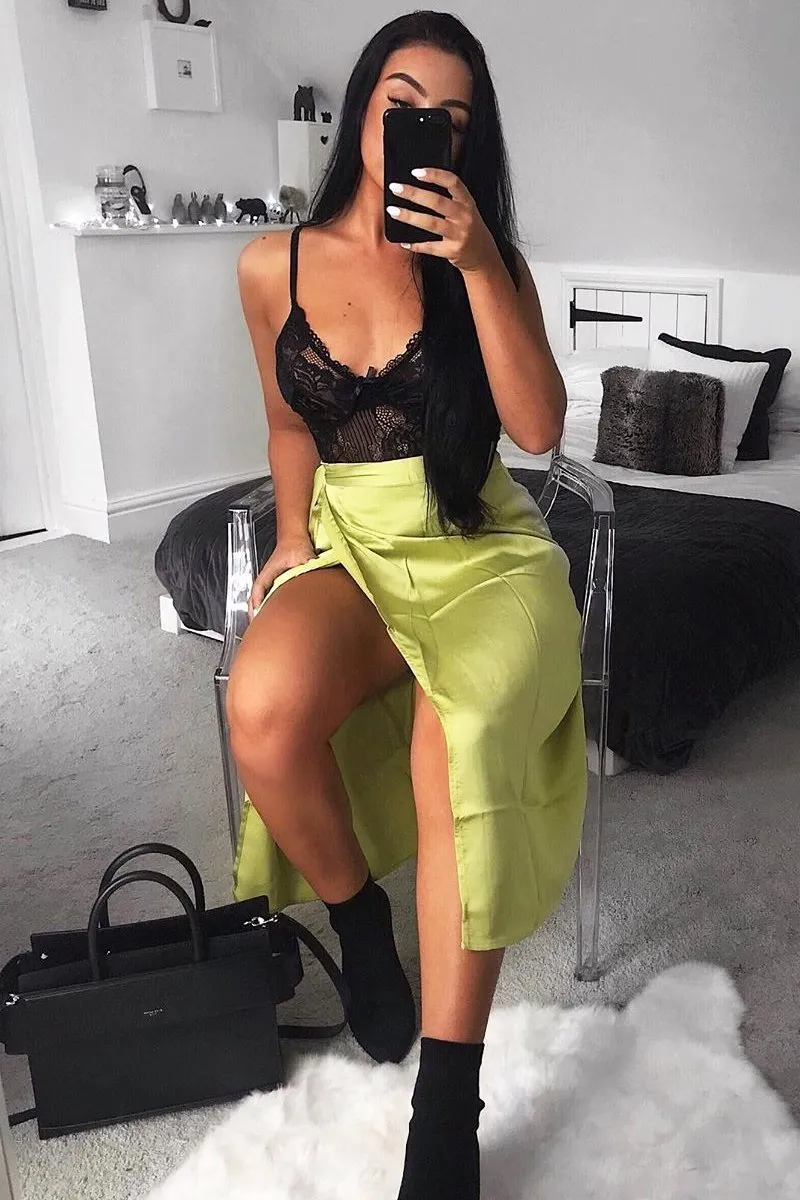 Lime Wrap Tie Side Satin Midi Skirt - Mailah