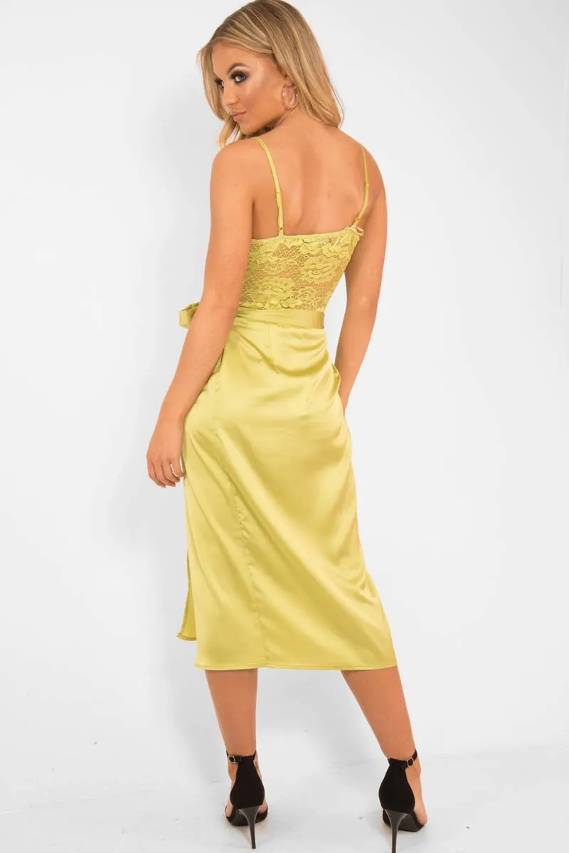 Lime Wrap Tie Side Satin Midi Skirt - Mailah