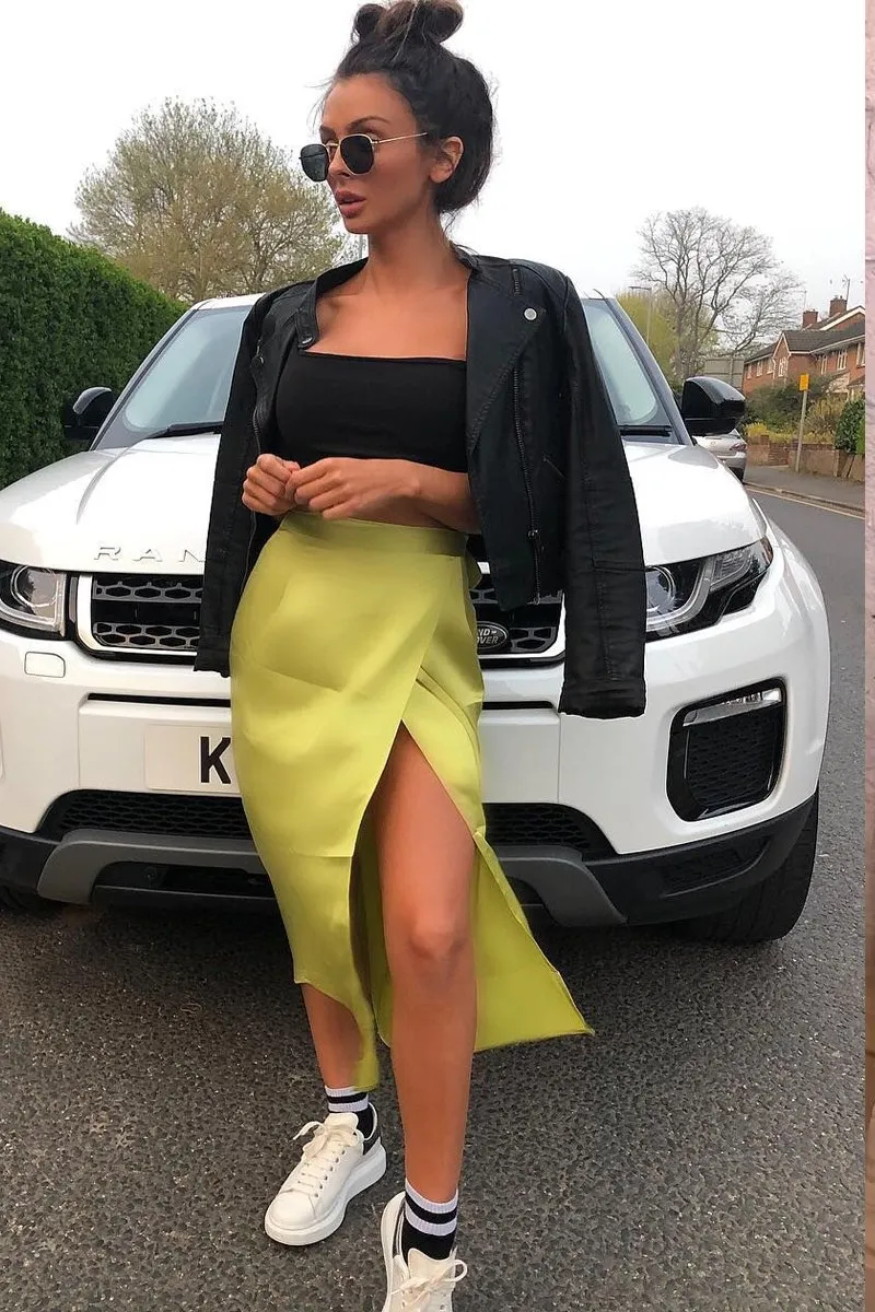 Lime Wrap Tie Side Satin Midi Skirt - Mailah