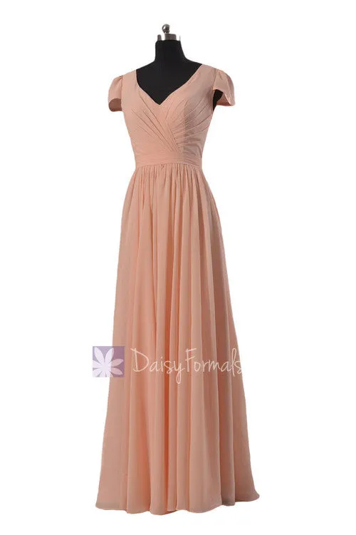 Long Modest Chiffon Bridesmaid Dress Ice Apricot Party Dress W/Cap Sleeves (BM5192L)