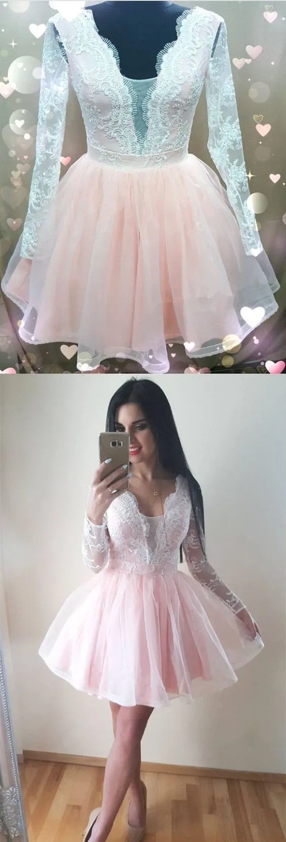 Long Sleeve Homecoming Dresses V neck A line Pink Short Prom Dress Party Dress OHM143
