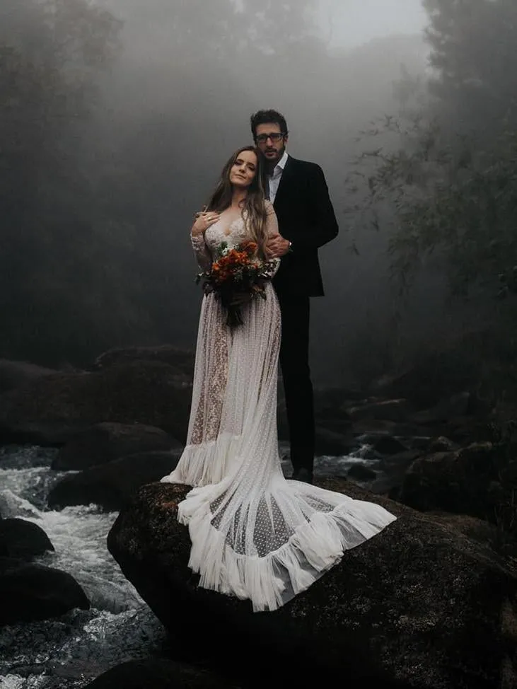 Long Sleeve Wedding Dresses V-neck Long Train Polka Dot Lace Open Back Boho Bridal Gown OHD216